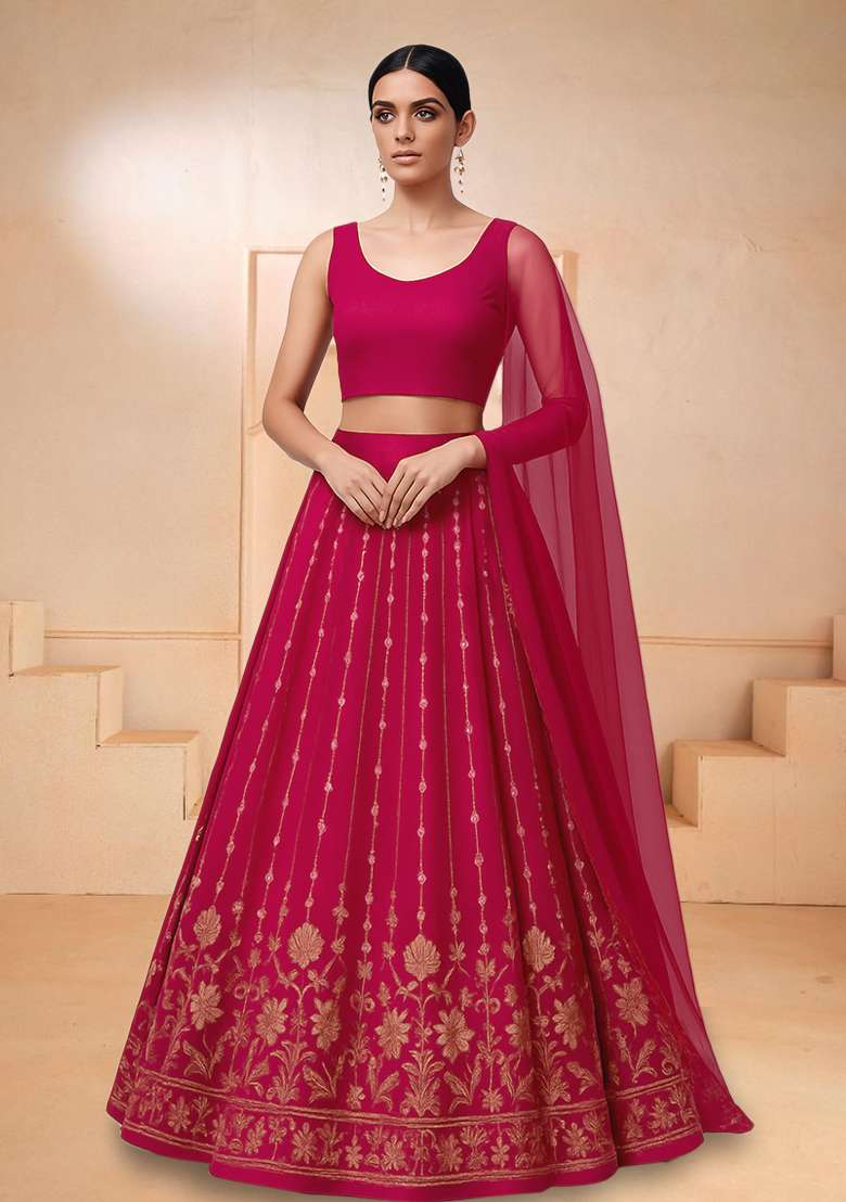 Crimson Red Embroidered Crepe Lehenga Set for Diwali and Festive Wear - Indya