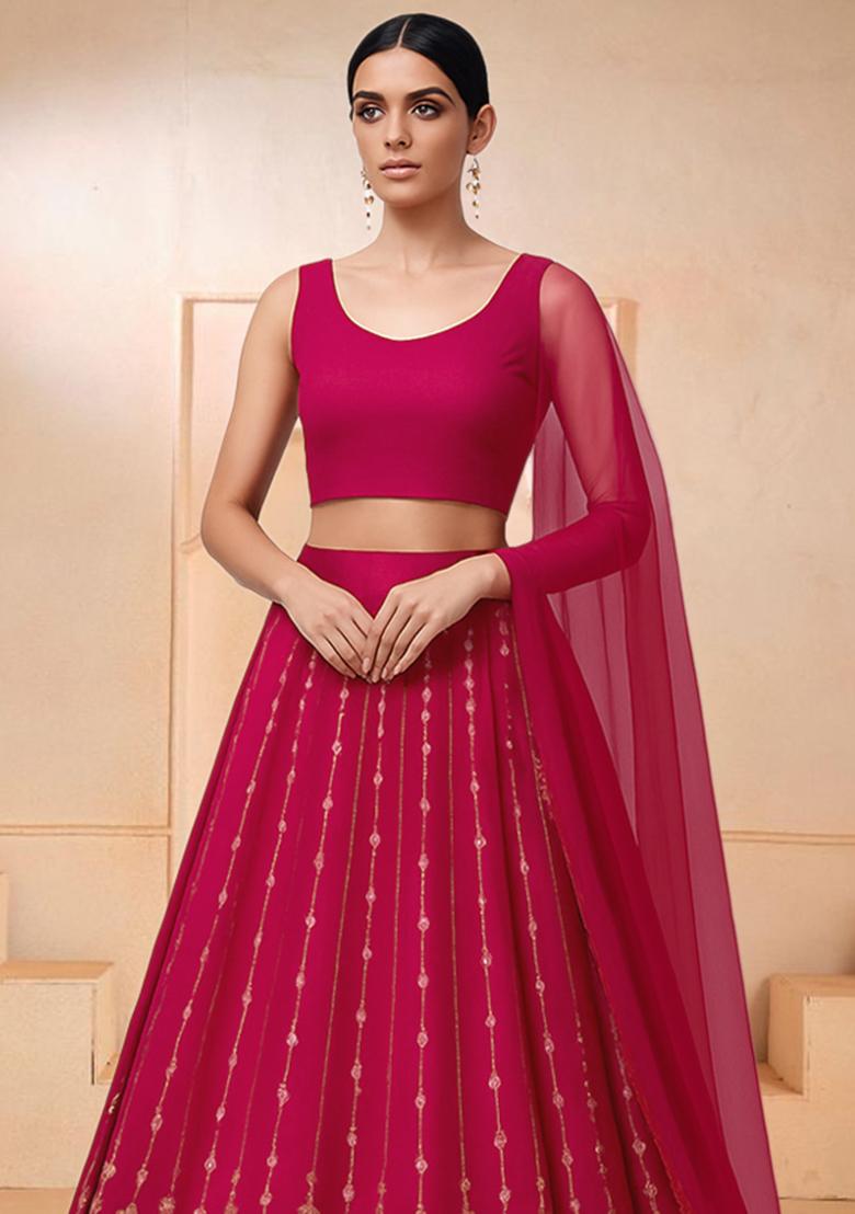 Crimson Red Embroidered Crepe Lehenga Set - Indya