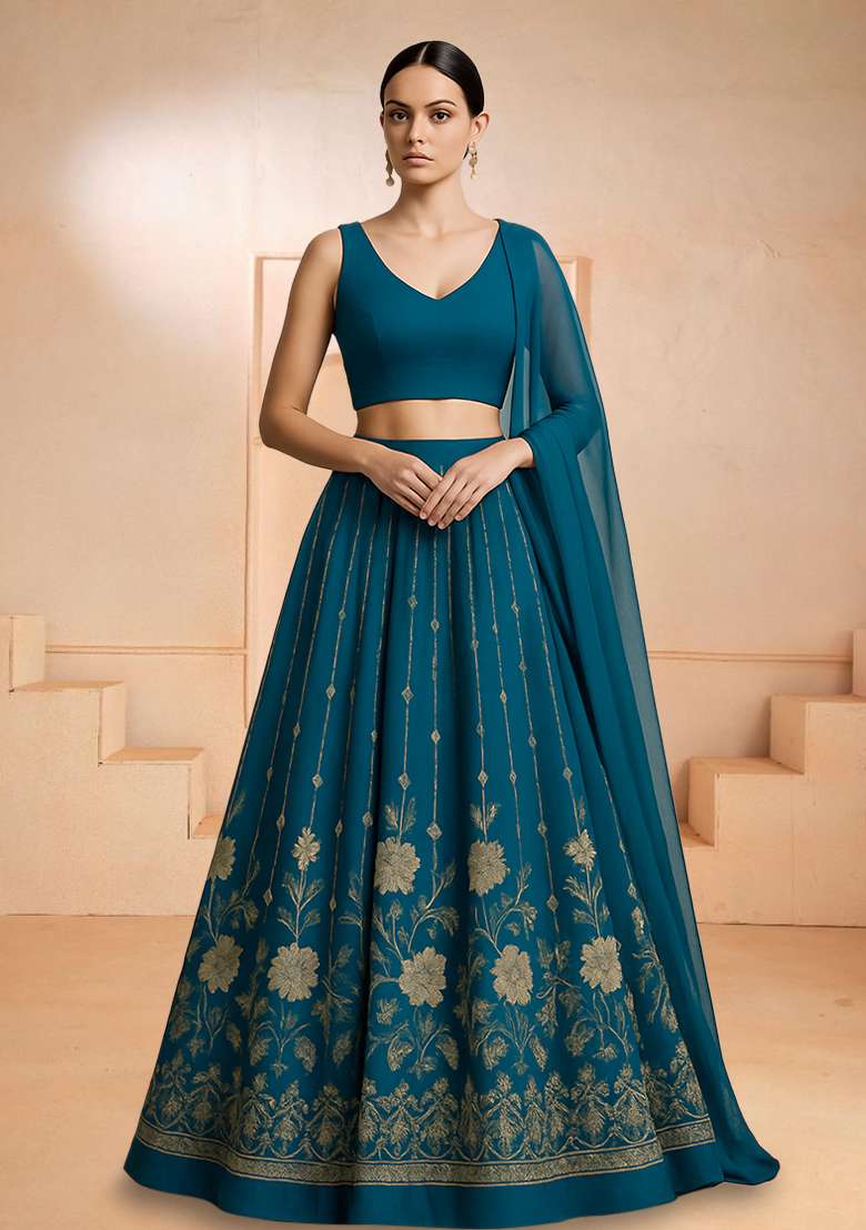 Teal Crepe Lehenga Set with Embroidered for Diwali | Wedding & Festive Wear - Indya