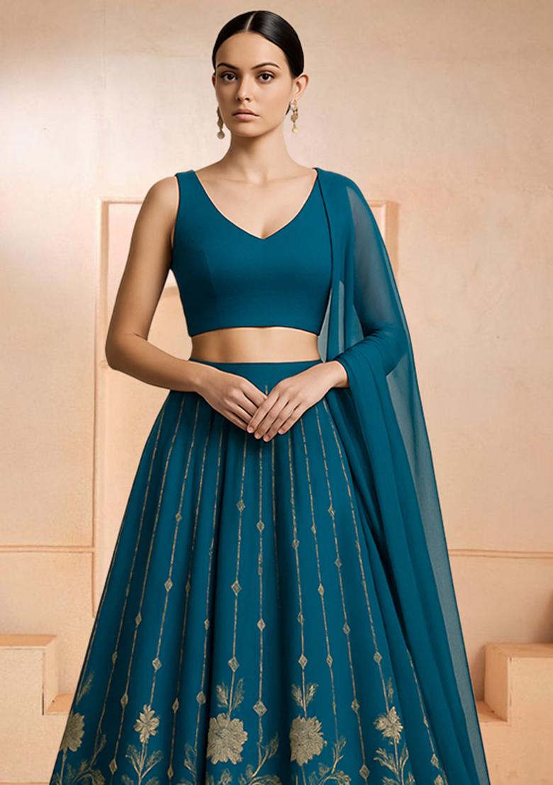 Teal Embroidered Crepe Lehenga Set - Indya