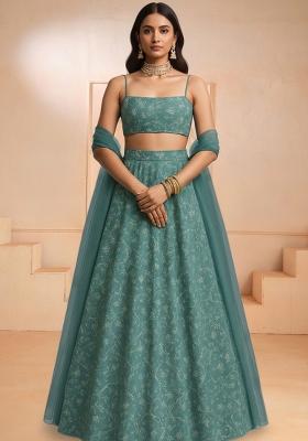 Sea Green Embroidered Poly blend Lehenga Set