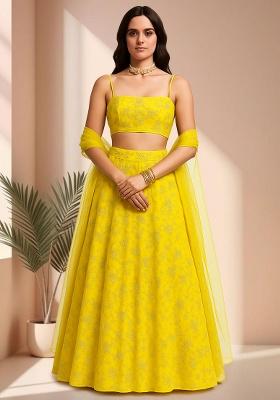 Bright Yellow Embroidered Poly blend Lehenga Set
