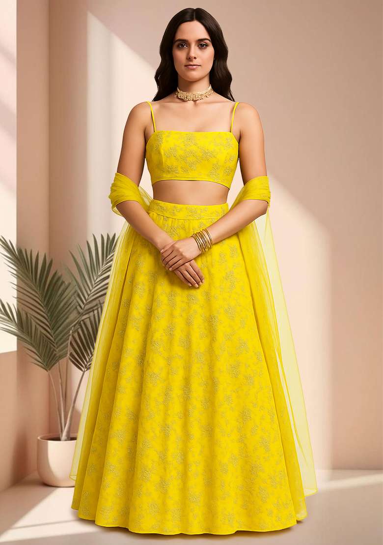 Bright Yellow Embroidered Poly blend Lehenga Set - Indya