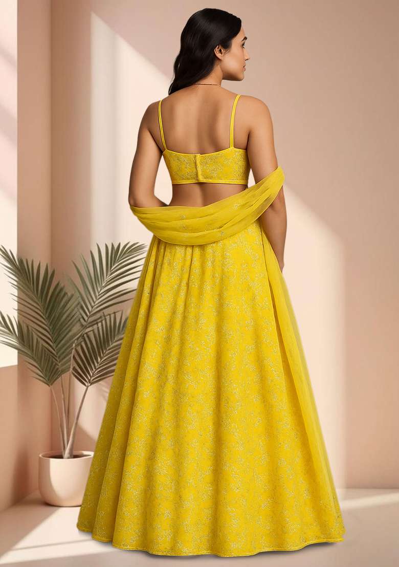Bright Yellow Embroidered Poly blend Lehenga Set - Indya