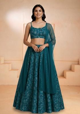 Teal Embroidered Poly blend Lehenga Set