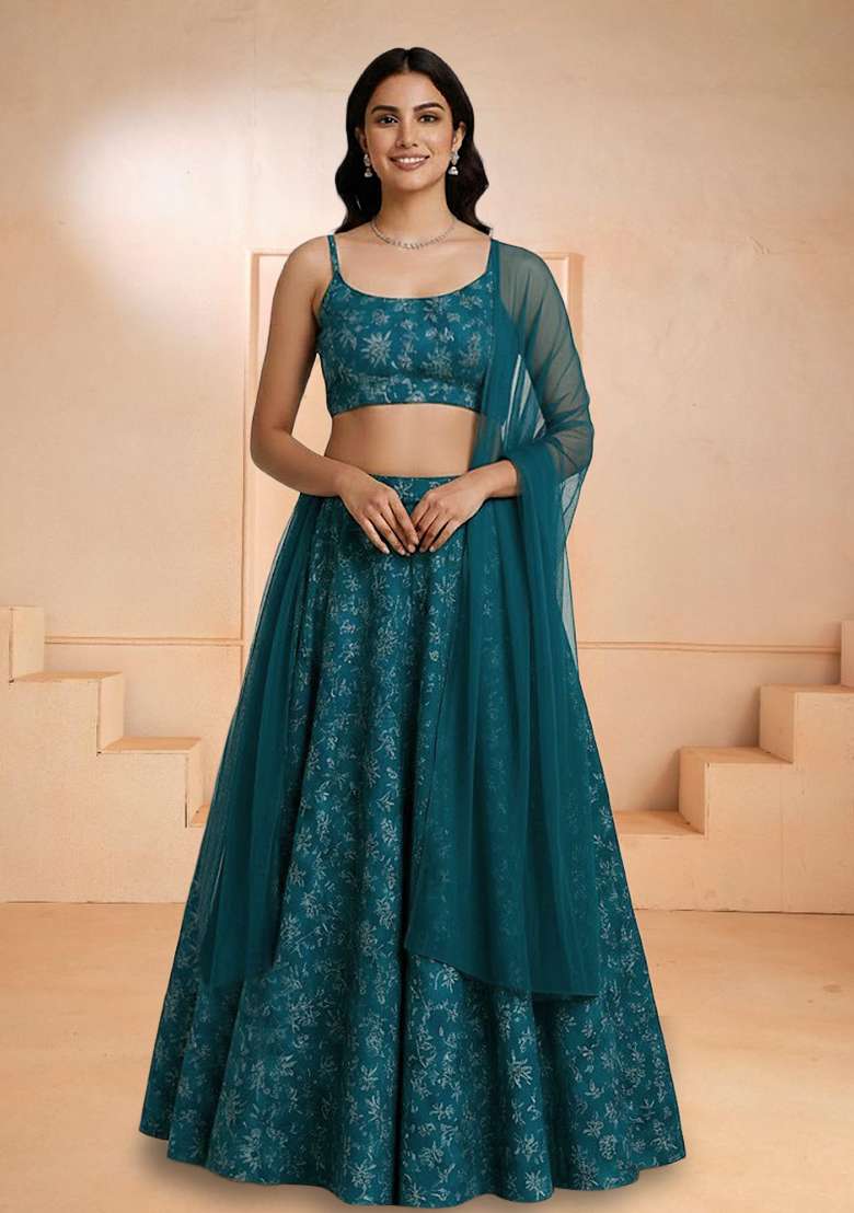Teal Embroidered Poly blend Lehenga Set - Indya