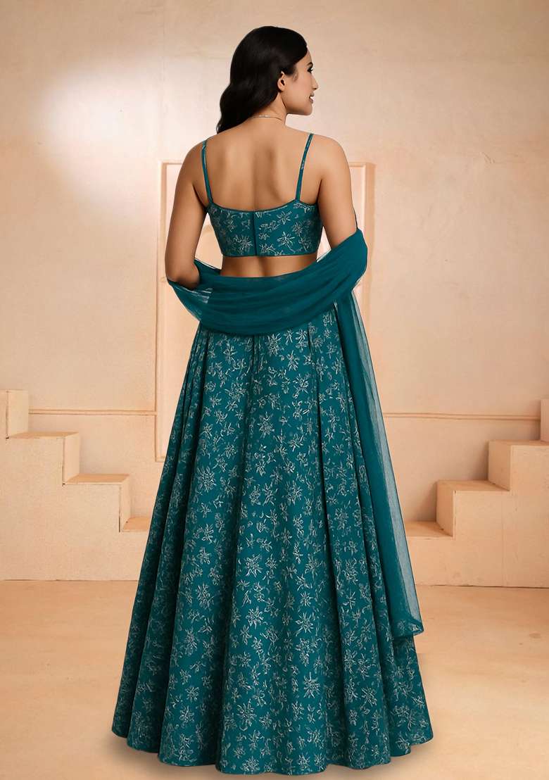 Teal Embroidered Poly blend Lehenga Set - Indya