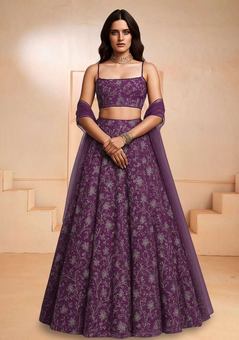 wine Embroidered Poly blend Lehenga Set - Indya