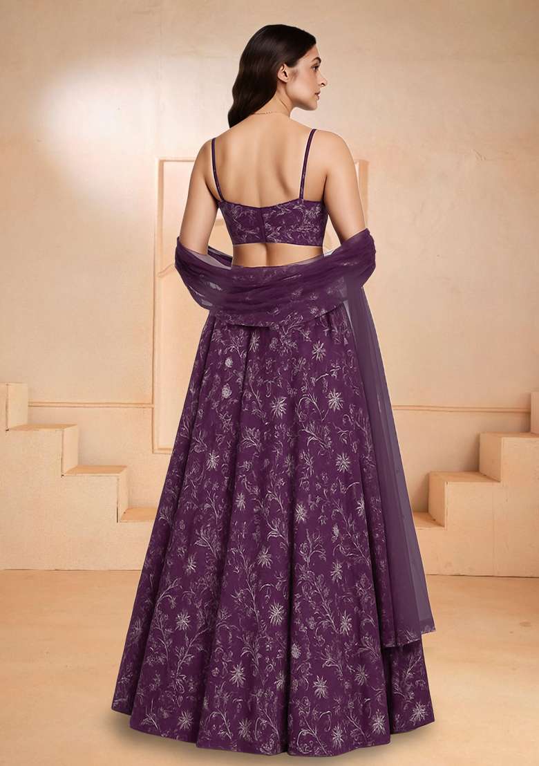wine Embroidered Poly blend Lehenga Set - Indya