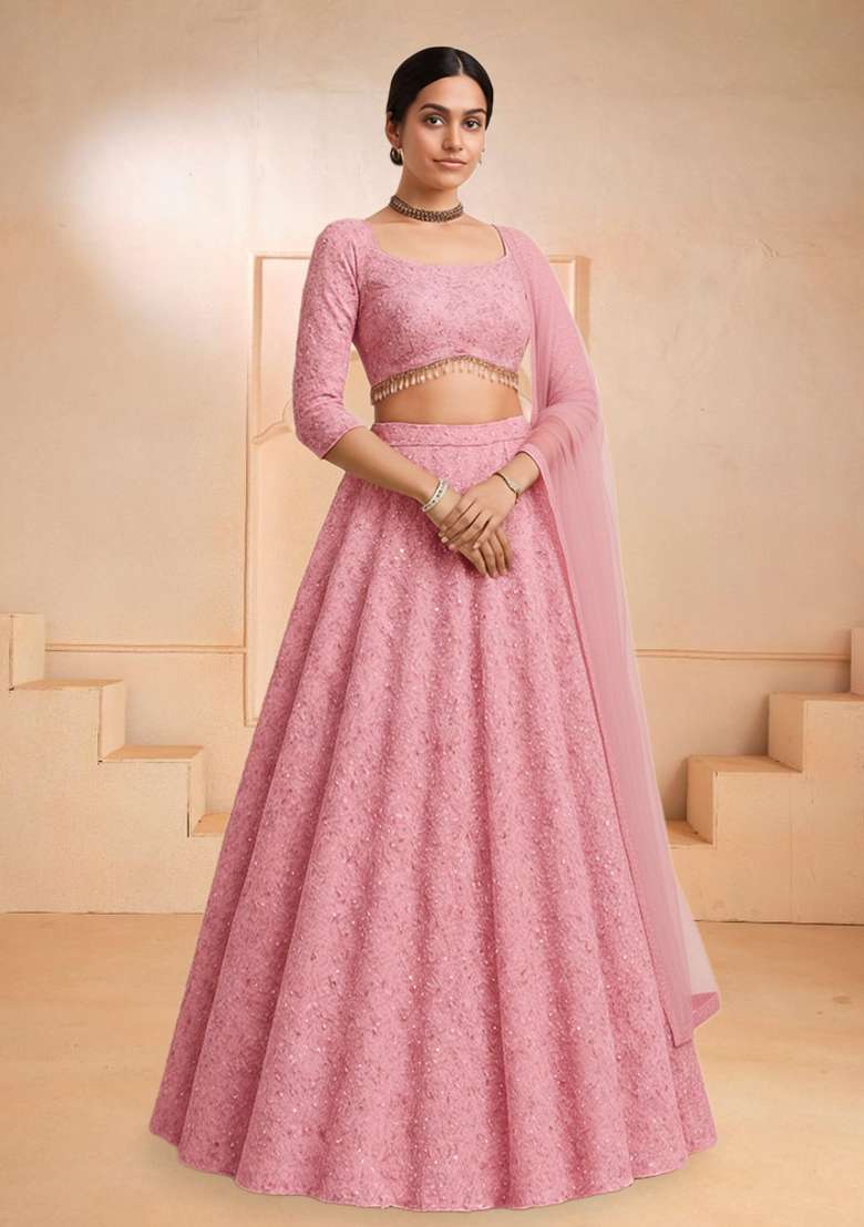 Dusty Rose Pink Sequin Net Lehenga Set - Indya