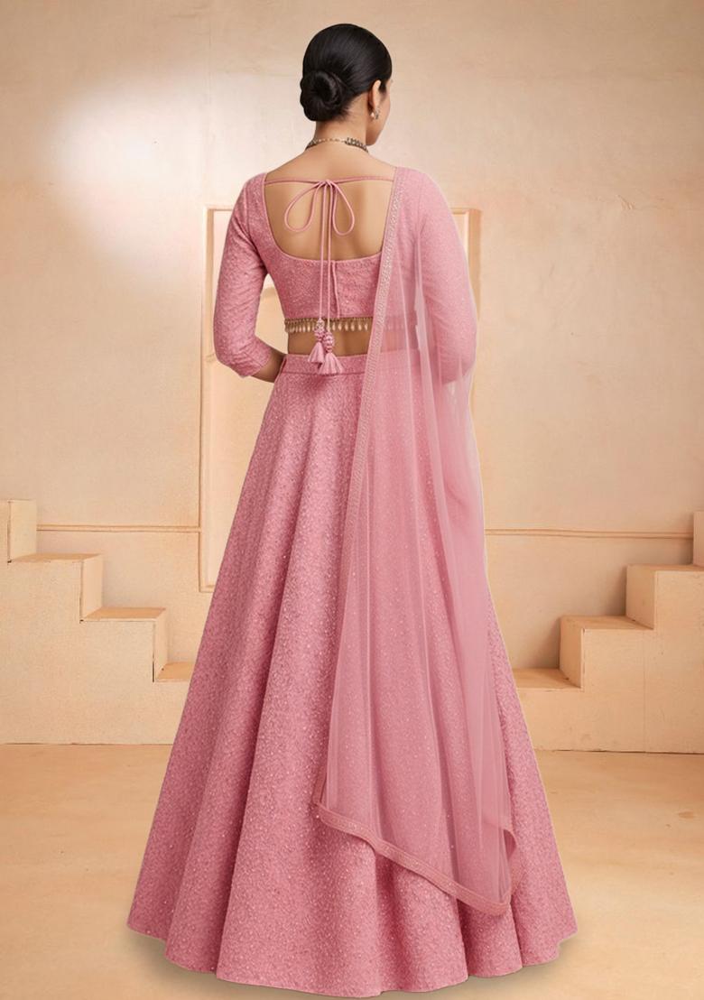 Dusty Rose Pink Sequin Net Lehenga Set - Indya