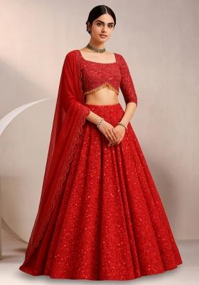 Crimson Red Sequin Net Lehenga Set