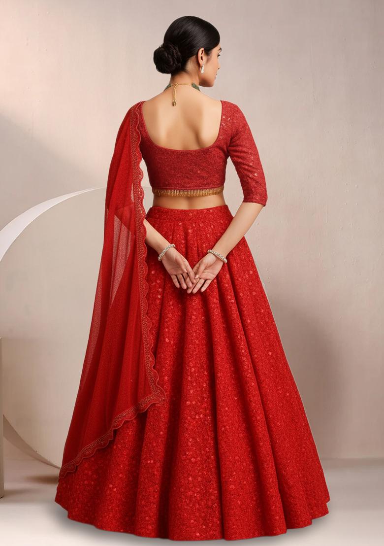 Crimson Red Sequin Net Lehenga Set - Indya