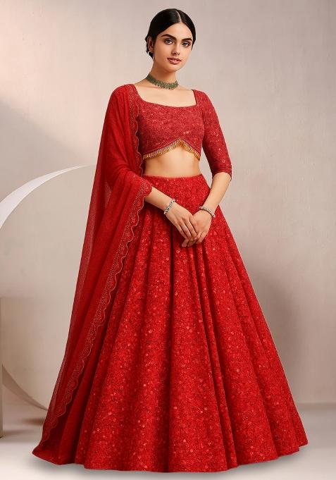 Crimson Red Sequin Net Lehenga Set
