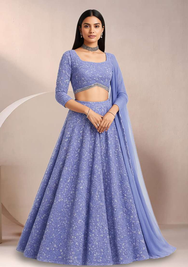 Dusty Blue Sequin Net Lehenga Set - Indya