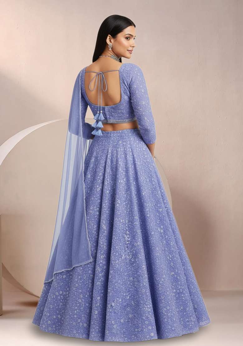 Dusty Blue Sequin Net Lehenga Set - Indya