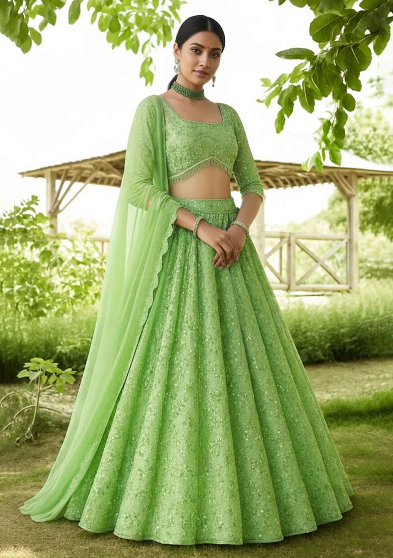 Pista Green Sequin Net Lehenga Set - Indya