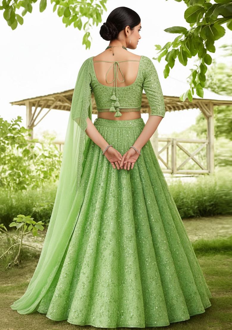 Pista Green Sequin Net Lehenga Set - Indya