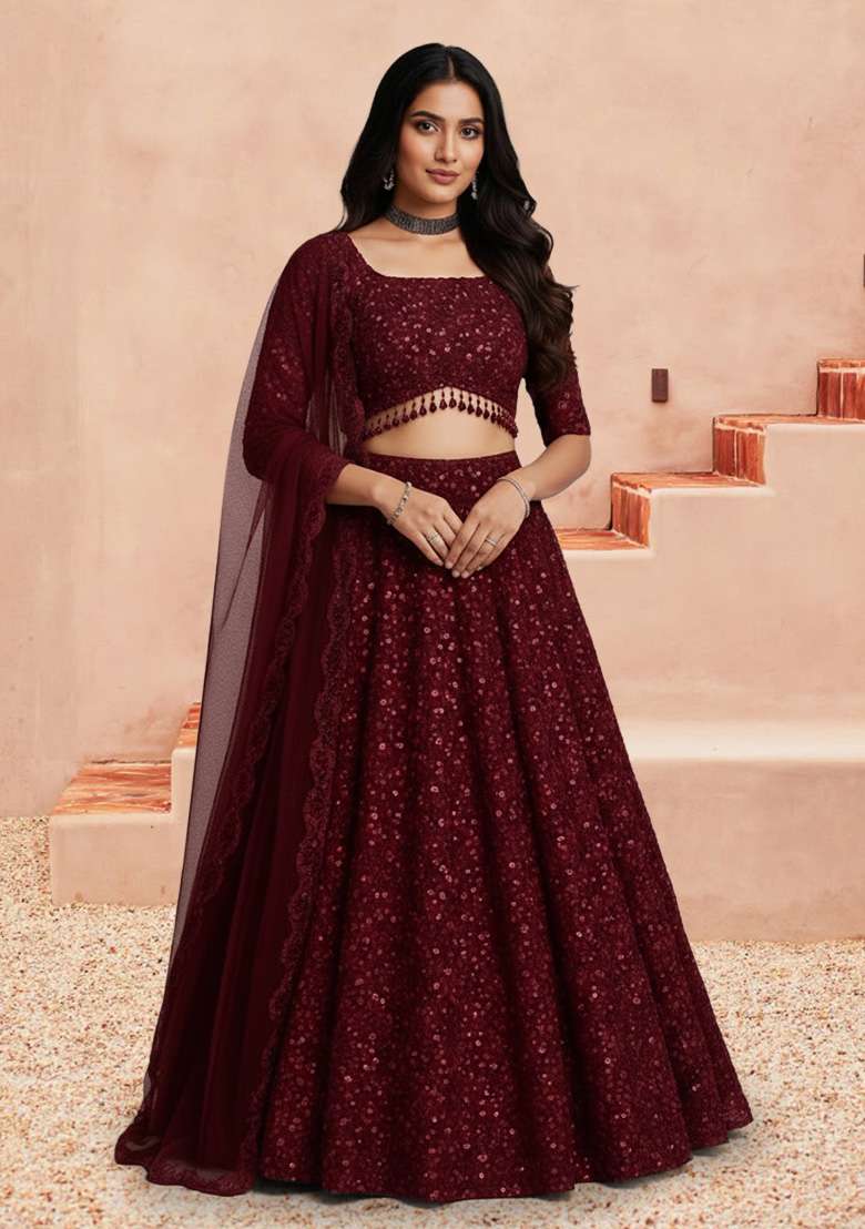 Deep Burgundy Sequin Net Lehenga Set - Indya