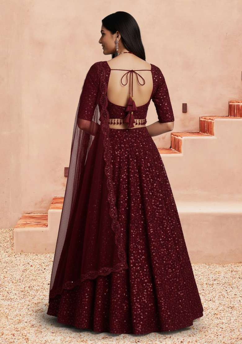 Deep Burgundy Sequin Net Lehenga Set - Indya