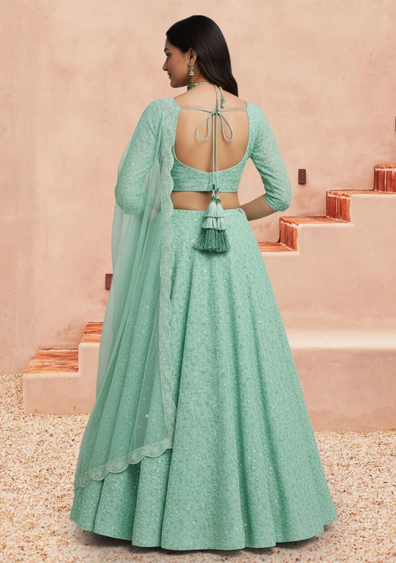 Aqua Mint Sequin Net Lehenga Set - Indya