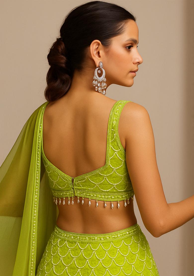 Lime Green Embroidered Net Lehenga Set - Indya