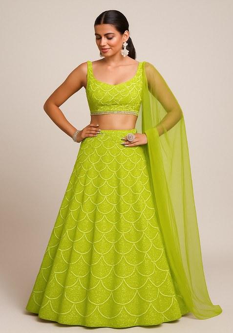 Lime Green Embroidered Net Lehenga Set