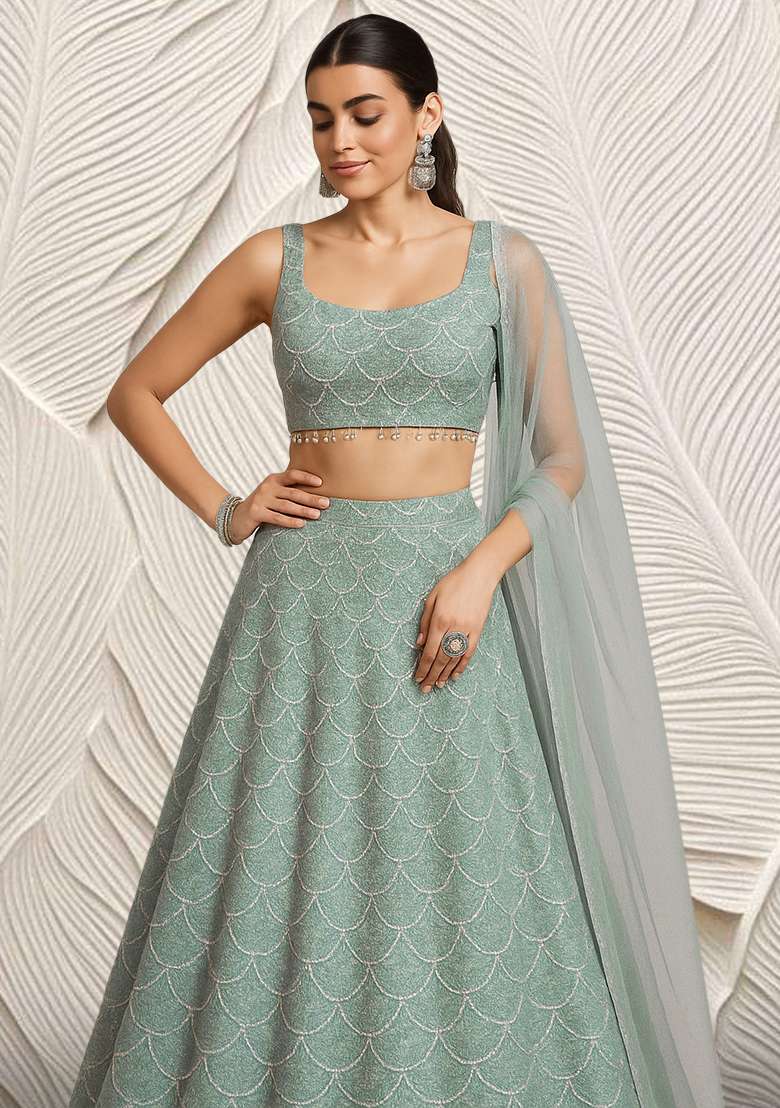 Sage Green Embroidered Net Lehenga Set - Indya