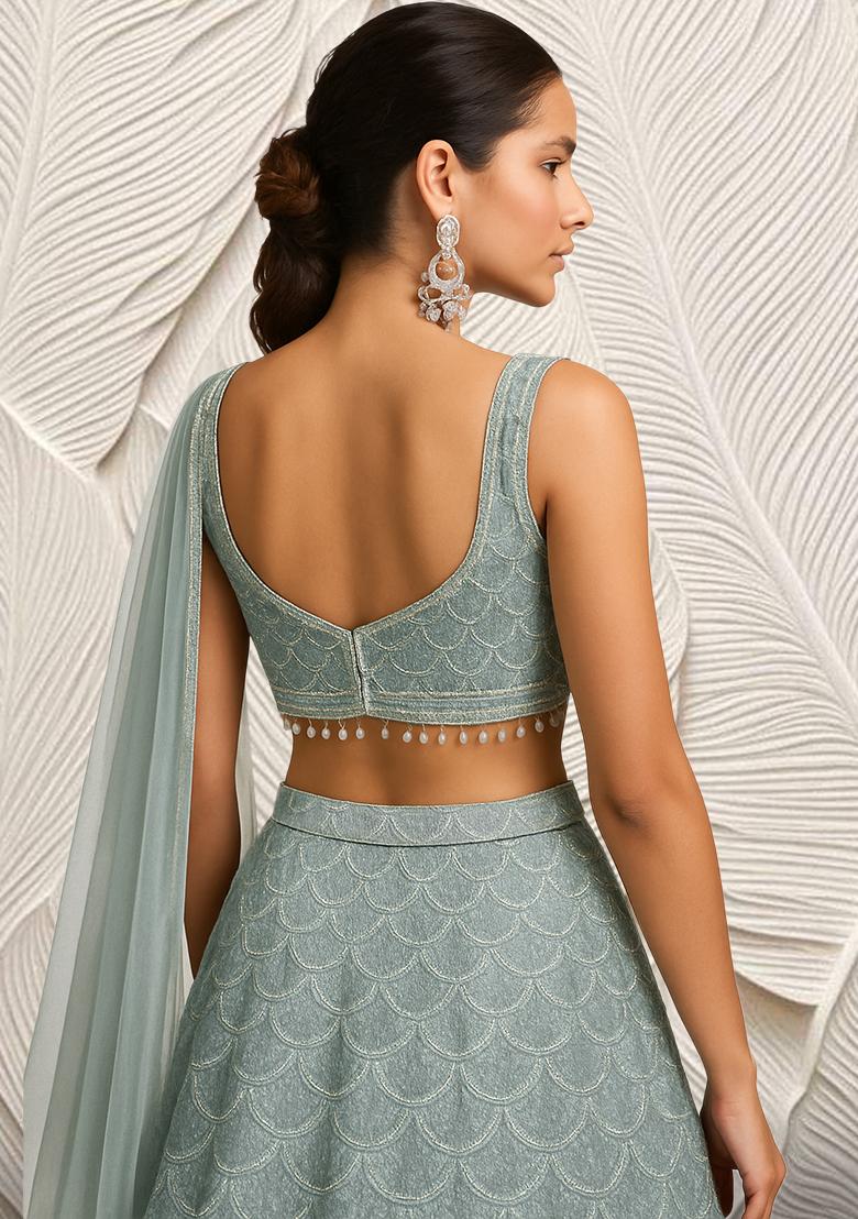 Sage Green Embroidered Net Lehenga Set - Indya