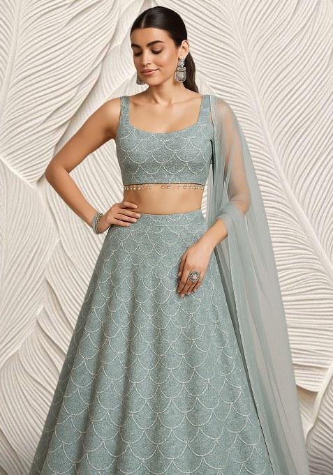 Sage Green Embroidered Net Lehenga Set