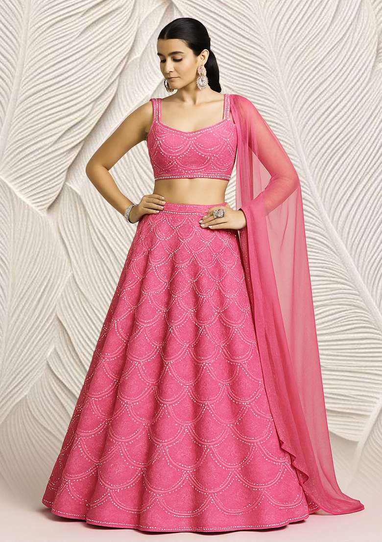Hot Pink Embroidered Net Lehenga Set - Indya