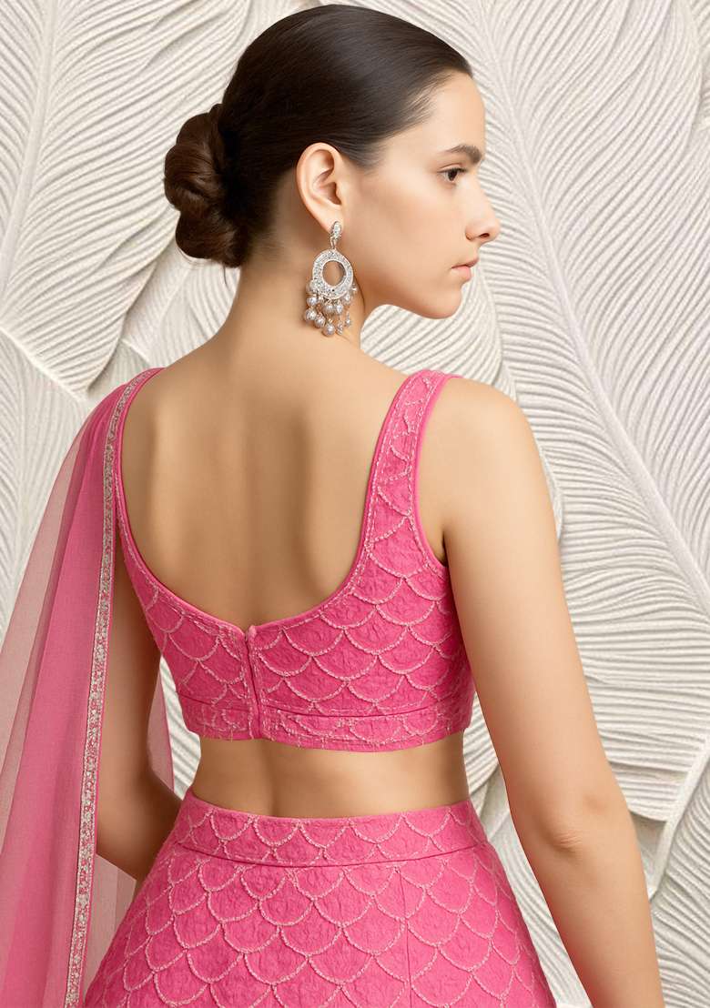 Hot Pink Embroidered Net Lehenga Set - Indya