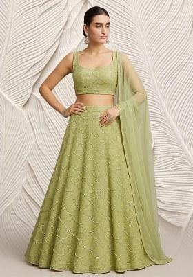 Pista Green Embroidered Net Lehenga Set