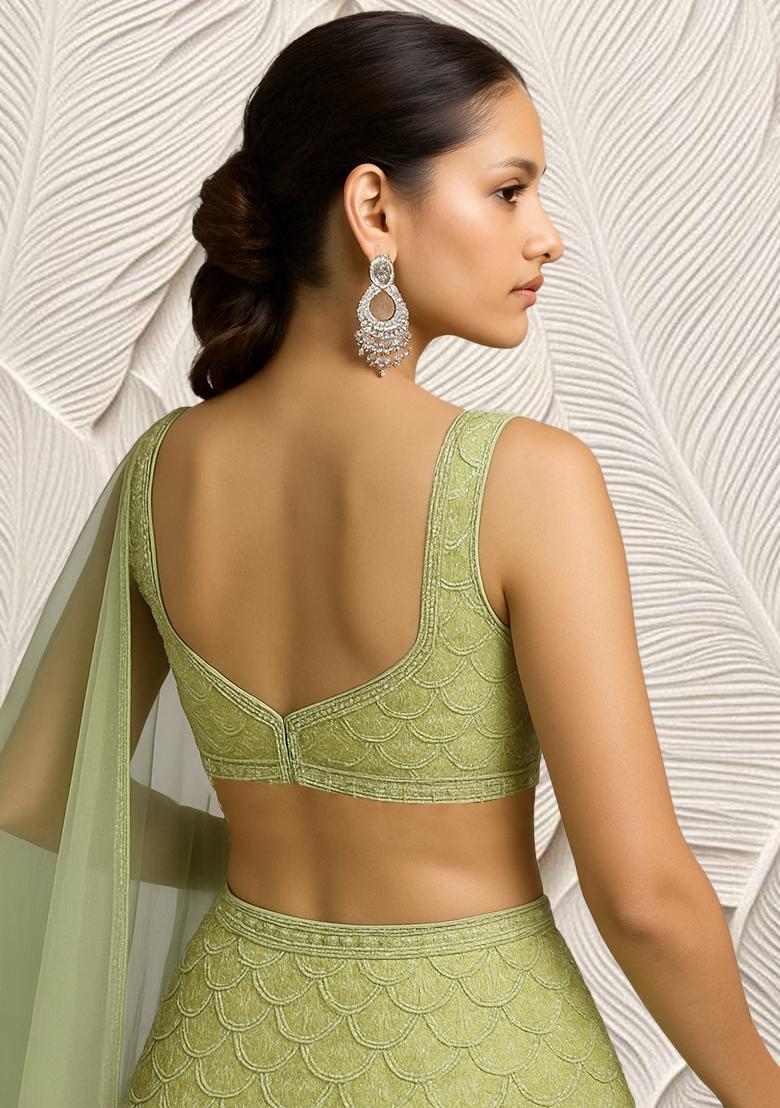 Pista Green Embroidered Net Lehenga Set - Indya