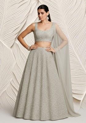 Silver Grey Embroidered Net Lehenga Set