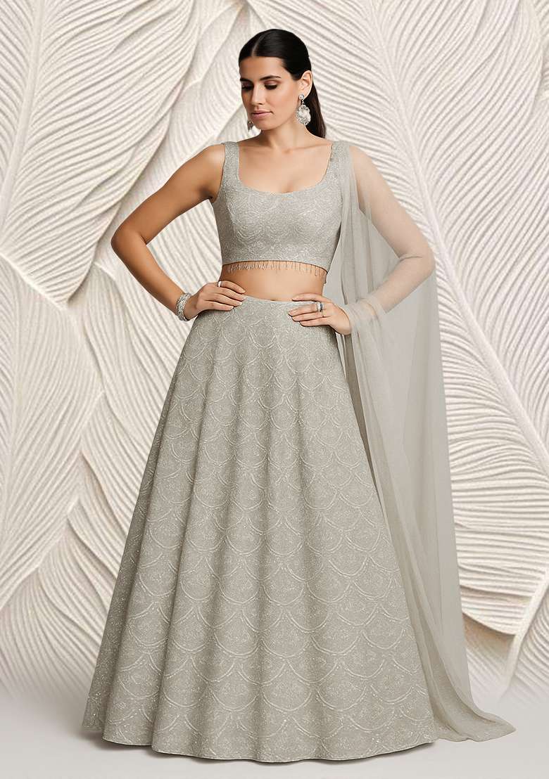 Silver Grey Embroidered Net Lehenga Set - Indya