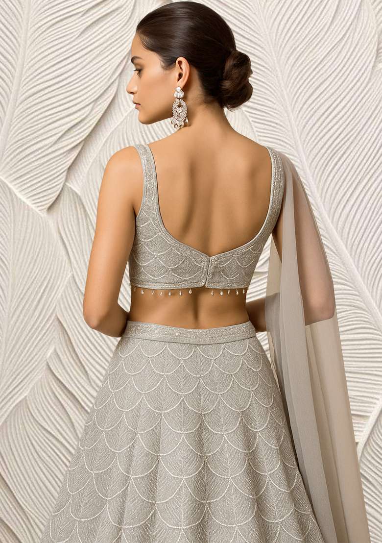 Silver Grey Embroidered Net Lehenga Set - Indya