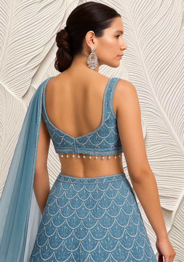 Dusty Blue Embroidered Net Lehenga Set - Indya