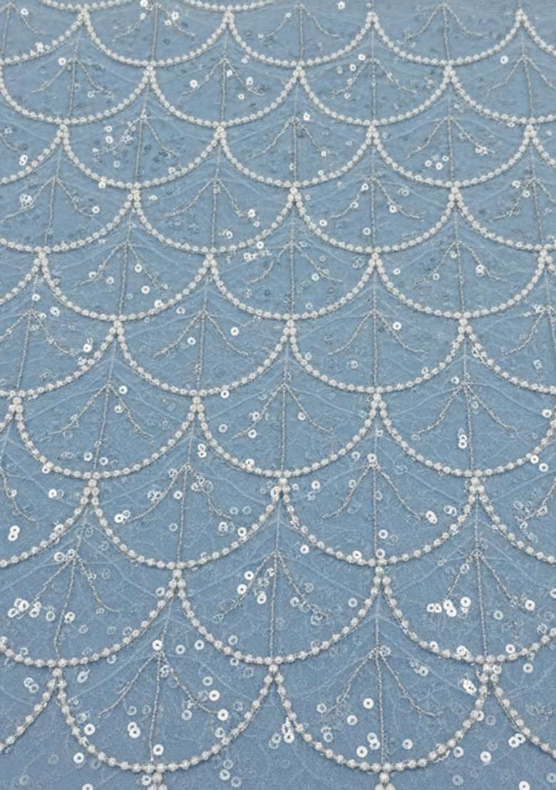Dusty Blue Embroidered Net Lehenga Set - Indya