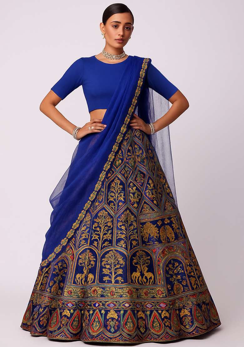 Royal Blue Zari Embroidery Crepe Lehenga Set - Indya