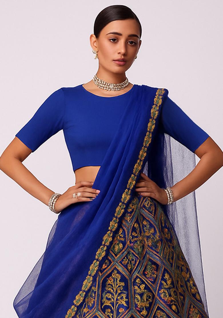 Royal Blue Zari Embroidery Crepe Lehenga Set - Indya