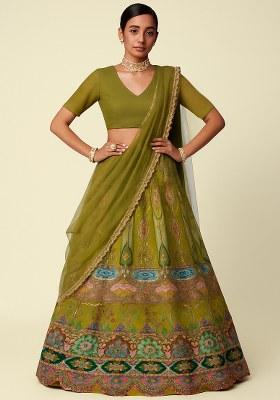 Olive Green Embroidered Crepe Lehenga Set