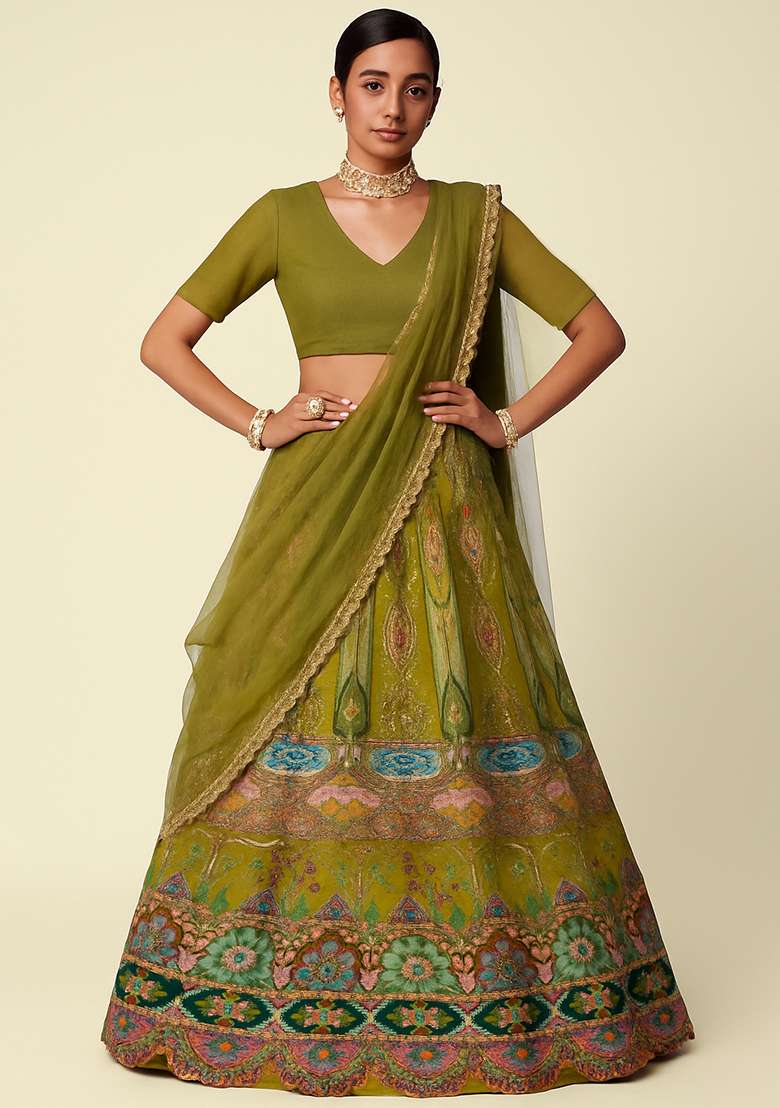Olive Green Embroidered Crepe Lehenga Set - Indya