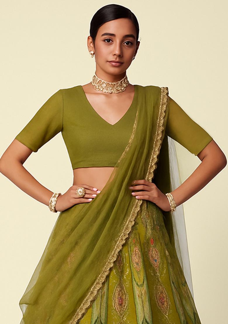 Olive Green Embroidered Crepe Lehenga Set - Indya