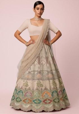 Beige Embroidered Crepe Lehenga Set
