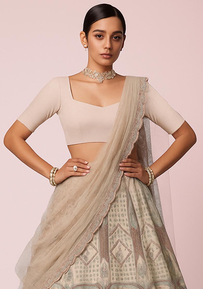 Beige Embroidered Crepe Lehenga Set - Indya