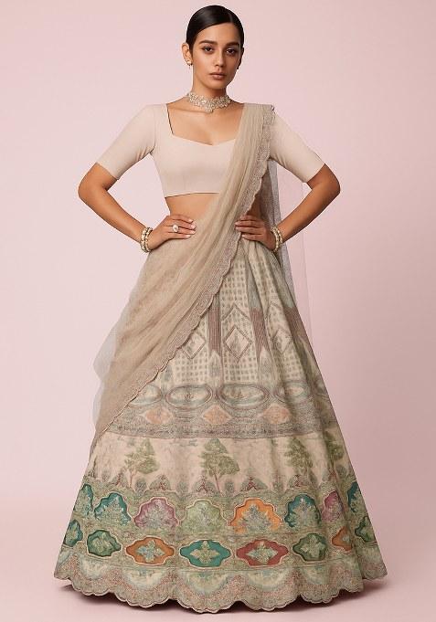 Beige Embroidered Crepe Lehenga Set