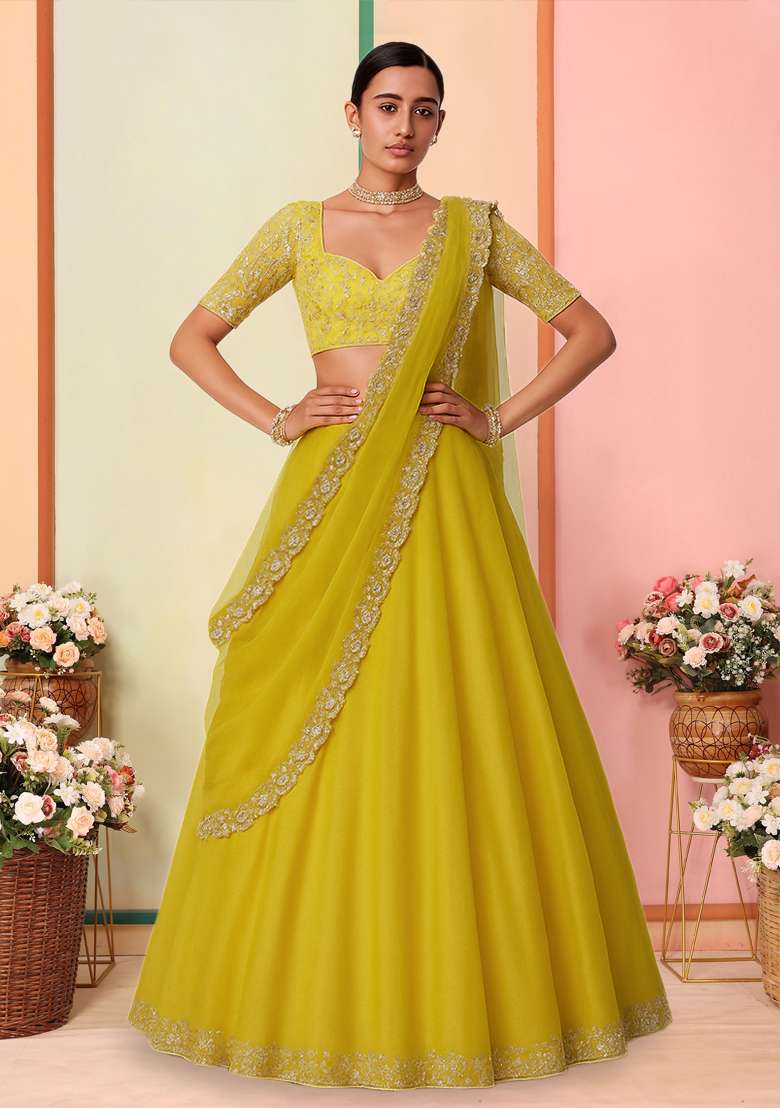 Bright Yellow Sequin Embroidery Poly blend Lehenga Set - Indya