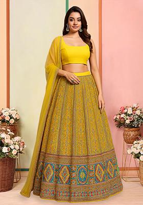 Mustard Yellow Printed Crepe Lehenga Set