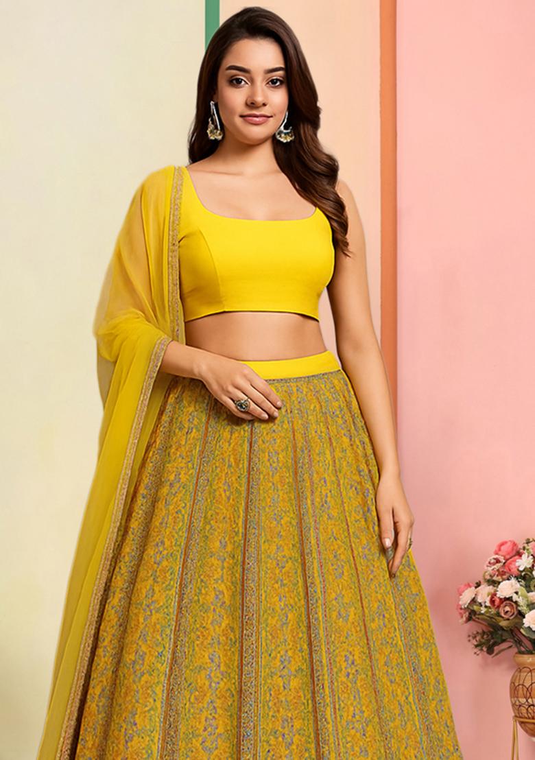 Mustard Yellow Printed Crepe Lehenga Set - Indya
